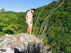 Hot masturbation in the mountains. Sexy Guy jerks in forest and huge cumshot