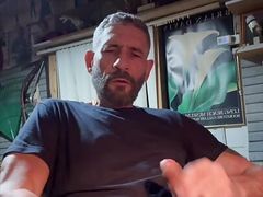 Peeing outside and playing with cock in the mancave