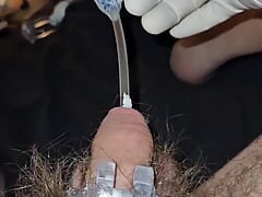 Inserting a catheter into the penis while wearing surgical gloves