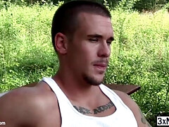 Straight gay hunks Adam Bryant and Vadim Black engages in a hardcore gay fucked outdoor