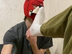 Nice guy gets playful with young top's big uncut cock, slurping feet and deepthroating