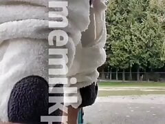 naked inside costum and jerked outside the school almost get caught