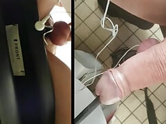 Electro-stimulation with big ball rod seen from above in zoom POV with ejaculation on camera