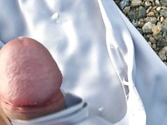 Cell phone recording of sexy satin dress sprayed in spunk