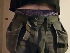 Tasked older guy. Strip from work clothes. Put on his apprentice boxers. His son in laws gym shorts.