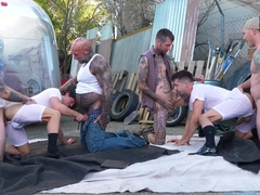 Eddie Patrick And Greyson Myles Spitroasted On Gay Orgy