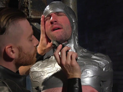 Gagged male slave is set to swallow the big load