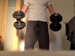 Muscle dude is doing exercises and jacking off