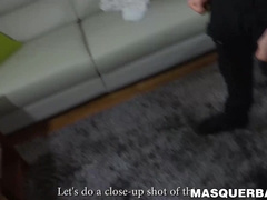 Stud has his mask on as he masturbates on camera for us