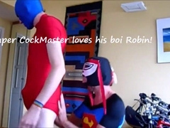 Toying in lycra Supah Hero Costumes with fucktoys and a thick cumload on Robin