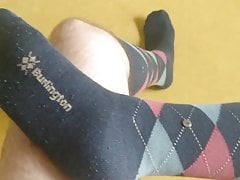 Cum on nice worn blue argyle Knee Socks