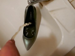 Piss in wifes black and grey stiletto high heel