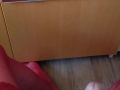 Femboy in crimson undergarments and stocking wanks his phat rock hard bone