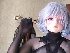 Kigurumi in black pantyhose encased jerk off