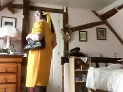 In yellow dress with polka dots