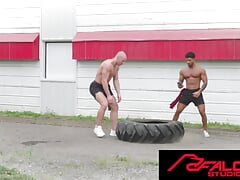 Hot Jock Takes Tractor Tire Challenge And Barebacks Hunk Ass