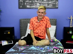 Skinny little twink with big fat dick tugs after interview