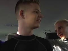 Slim twinks enjoy threeway in a van