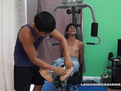 Chinese Guy Argie Strapped and Kittled (white socks)