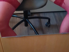 Femboy in crimson undergarments and stocking wanks his phat rock hard bone