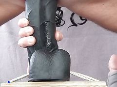 Purple Panties CD Rides Huge Black Dildo 1