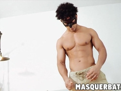 Muscular youngster James stuffs fleshlight with big dick