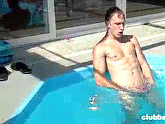 Tim wanks Off his friend and Then Plays in the Pool