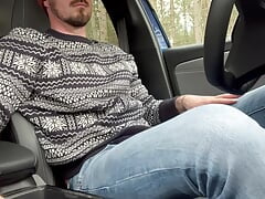 Aroused young hairy guy + edging himself in car = intense moaning and heaps of precum plus thick cum