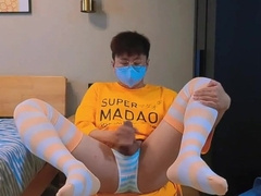 Stud in yellow t-t-shirt and pantyhose drains and spunks at home
