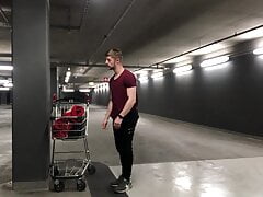 German boy guy Public parking garage naked outdoor cum jerk off masturbation small dick cock big muscle athletic young