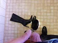 Piss in wifes high heeled leather boot