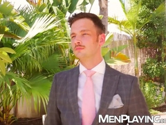 Outdoor raw breeding sesh with suited Damon Heart and Sir Peter