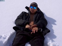 Naked gay husband shoveling snow outside