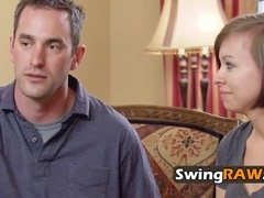 Double the pleasure: Two naughty swinger hotties share one massive cock in a wild swinger sex party.