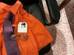 Shooting more cum on my orange shirt and tie.