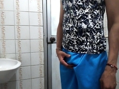 Stud pees and strokes in public shower