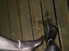 Pissing my stocking feet park walkway