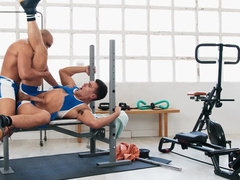 Bald man working out and fucking with an athletic pervert