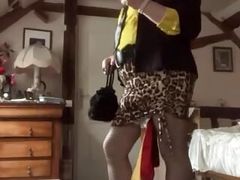 In leopard skirt