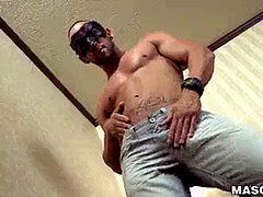 masked bulky fellow uses fleshlight on massive cock