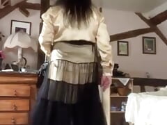 In transparent skirt