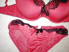 Cum on Red Satin Panties and Bra set 30DD