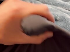 Horny army soldier jerks off in a pair of running pants - cums through them!