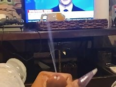 Ebony TS shoots cum into the air