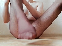Young boy in pantyhose use buttplug and then cum on feet in socks