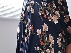 CD Strips Dress Exposes Sexy Black Sheer Lingerie