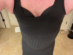 Gigantic salami in lace undies, pantyhose and a LBD