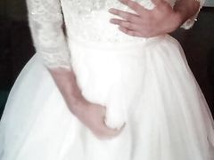 Wearing and cumming in bride's complete bridal outfit (wedding dress, shoes, bra, underskirt, stockings and straps)