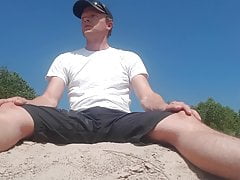 Risky piss and cum on a river bank
