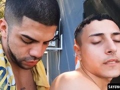 Super naughty Uriel Simon gets to enjoy a handjob from his driver Fer Froma's huge cock